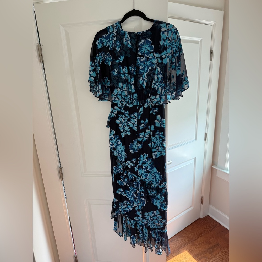 SALONI Silk Floral Burnout Flutter Short Sleeve RuffleTier Faux Wrap Dress sz 2 - Picture 2 of 3